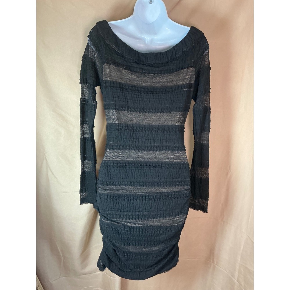BCBGMAXAZRIA Bodycon Dress Womens Medium Black Excellent Lace Ruffle Striped - Picture 5 of 12